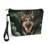 FodPand Small Makeup Bag with Handle - PU Leather German Shepherd Cosmetic Bag for Purse Travel Makeup Organizer Toiletry Pouch Portable Zipper Make Up Pouch for Women 8.9x2.6x5.7 in