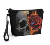 FodPand Small Makeup Bag with Handle - PU Leather Gothic Skull And Black Rose Cosmetic Bag for Purse Travel Makeup Organizer Toiletry Pouch Portable Zipper Make Up Pouch for Women 8.9x2.6x5.7 in