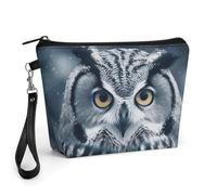 FodPand Small Makeup Bag with Handle - PU Leather Grey And White Owl Cosmetic Bag for Purse Travel Makeup Organizer Toiletry Pouch Portable Zipper Make Up Pouch for Women 8.9x2.6x5.7 in