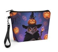 FodPand Small Makeup Bag with Handle - PU Leather Halloween Owl Pumpkin Cosmetic Bag for Purse Travel Makeup Organizer Toiletry Pouch Portable Zipper Make Up Pouch for Women 8.9x2.6x5.7 in