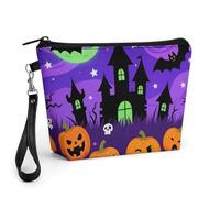 FodPand Small Makeup Bag with Handle - PU Leather Halloween Purple Night Cosmetic Bag for Purse Travel Makeup Organizer Toiletry Pouch Portable Zipper Make Up Pouch for Women 8.9x2.6x5.7 in