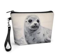 FodPand Small Makeup Bag with Handle - PU Leather Harp Seal Painting Cosmetic Bag for Purse Travel Makeup Organizer Toiletry Pouch Portable Zipper Make Up Pouch for Women 8.9x2.6x5.7 in