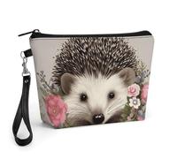 FodPand Small Makeup Bag with Handle - PU Leather Hedgehog in Floral Wreath Cosmetic Bag for Purse Travel Makeup Organizer Toiletry Pouch Portable Zipper Make Up Pouch for Women 8.9x2.6x5.7 in