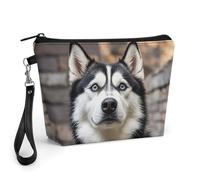 FodPand Small Makeup Bag with Handle - PU Leather Husky Dog Cosmetic Bag for Purse Travel Makeup Organizer Toiletry Pouch Portable Zipper Make Up Pouch for Women 8.9x2.6x5.7 in