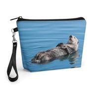 FodPand Small Makeup Bag with Handle - PU Leather Lazy And Relaxing Otter Cosmetic Bag for Purse Travel Makeup Organizer Toiletry Pouch Portable Zipper Make Up Pouch for Women 8.9x2.6x5.7 in