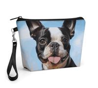 FodPand Small Makeup Bag with Handle - PU Leather Lovely Boston Terrier Cosmetic Bag for Purse Travel Makeup Organizer Toiletry Pouch Portable Zipper Make Up Pouch for Women 8.9x2.6x5.7 in