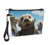 FodPand Small Makeup Bag with Handle - PU Leather Lovely Sea Otter Print Cosmetic Bag for Purse Travel Makeup Organizer Toiletry Pouch Portable Zipper Make Up Pouch for Women 8.9x2.6x5.7 in