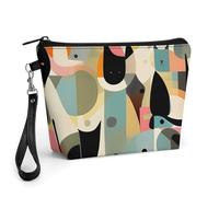 FodPand Small Makeup Bag with Handle - PU Leather Mid-Century Modern Art Cat Cosmetic Bag for Purse Travel Makeup Organizer Toiletry Pouch Portable Zipper Make Up Pouch for Women 8.9x2.6x5.7 in