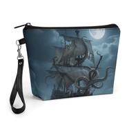 FodPand Small Makeup Bag with Handle - PU Leather Octopus Kraken Pirate Ship Ocean Cosmetic Bag for Purse Travel Makeup Organizer Toiletry Pouch Portable Zipper Make Up Pouch for Women 8.9x2.6x5.7 in