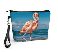 FodPand Small Makeup Bag with Handle - PU Leather One Flamingo on Beach Cosmetic Bag for Purse Travel Makeup Organizer Toiletry Pouch Portable Zipper Make Up Pouch for Women 8.9x2.6x5.7 in