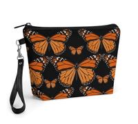 FodPand Small Makeup Bag with Handle - PU Leather Orange Monarch Butterflies Cosmetic Bag for Purse Travel Makeup Organizer Toiletry Pouch Portable Zipper Make Up Pouch for Women 8.9x2.6x5.7 in