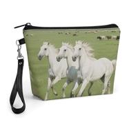 FodPand Small Makeup Bag with Handle - PU Leather Prancing White Horse Cosmetic Bag for Purse Travel Makeup Organizer Toiletry Pouch Portable Zipper Make Up Pouch for Women 8.9x2.6x5.7 in