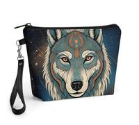 FodPand Small Makeup Bag with Handle - PU Leather Retro Wolf Starr Sky Cosmetic Bag for Purse Travel Makeup Organizer Toiletry Pouch Portable Zipper Make Up Pouch for Women 8.9x2.6x5.7 in
