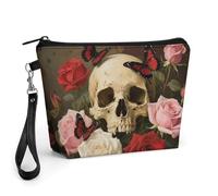 FodPand Small Makeup Bag with Handle - PU Leather Rose Skull Cosmetic Bag for Purse Travel Makeup Organizer Toiletry Pouch Portable Zipper Make Up Pouch for Women 8.9x2.6x5.7 in