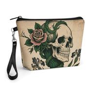 FodPand Small Makeup Bag with Handle - PU Leather Skull And Rose Cosmetic Bag for Purse Travel Makeup Organizer Toiletry Pouch Portable Zipper Make Up Pouch for Women 8.9x2.6x5.7 in