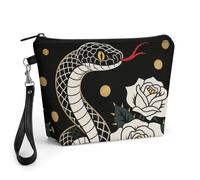 FodPand Small Makeup Bag with Handle - PU Leather Snake Red Flower Cosmetic Bag for Purse Travel Makeup Organizer Toiletry Pouch Portable Zipper Make Up Pouch for Women 8.9x2.6x5.7 in