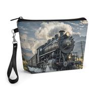 FodPand Small Makeup Bag with Handle - PU Leather Steam Locomotive Train Cosmetic Bag for Purse Travel Makeup Organizer Toiletry Pouch Portable Zipper Make Up Pouch for Women 8.9x2.6x5.7 in