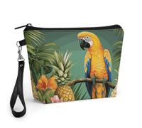 FodPand Small Makeup Bag with Handle - PU Leather Summer Parrot Pineapple Bird Cosmetic Bag for Purse Travel Makeup Organizer Toiletry Pouch Portable Zipper Make Up Pouch for Women 8.9x2.6x5.7 in