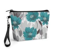 FodPand Small Makeup Bag with Handle - PU Leather Teal Grey And White Floral Cosmetic Bag for Purse Travel Makeup Organizer Toiletry Pouch Portable Zipper Make Up Pouch for Women 8.9x2.6x5.7 in