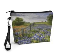 FodPand Small Makeup Bag with Handle - PU Leather Texas Bluebonnets Scenery Cosmetic Bag for Purse Travel Makeup Organizer Toiletry Pouch Portable Zipper Make Up Pouch for Women 8.9x2.6x5.7 in