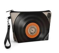 FodPand Small Makeup Bag with Handle - PU Leather Vintage Vinyl Record Cosmetic Bag for Purse Travel Makeup Organizer Toiletry Pouch Portable Zipper Make Up Pouch for Women 8.9x2.6x5.7 in