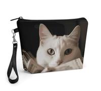 FodPand Small Makeup Bag with Handle - PU Leather White Cat And Pile of Dollars Cosmetic Bag for Purse Travel Makeup Organizer Toiletry Pouch Portable Zipper Make Up Pouch for Women 8.9x2.6x5.7 in