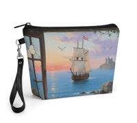 FodPand Small Makeup Bag with Handle - PU Leather Window View of Sailing Sailboat Cosmetic Bag for Purse Travel Makeup Organizer Toiletry Pouch Portable Zipper Make Up Pouch for Women 8.9x2.6x5.7 in