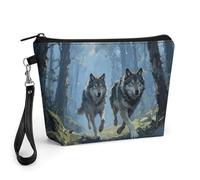 FodPand Small Makeup Bag with Handle - PU Leather Wolf Forest Cosmetic Bag for Purse Travel Makeup Organizer Toiletry Pouch Portable Zipper Make Up Pouch for Women 8.9x2.6x5.7 in