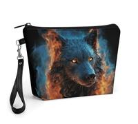 FodPand Small Makeup Bag with Handle - PU Leather Wolf Head in Blue Flames Cosmetic Bag for Purse Travel Makeup Organizer Toiletry Pouch Portable Zipper Make Up Pouch for Women 8.9x2.6x5.7 in