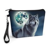 FodPand Small Makeup Bag with Handle - PU Leather Wolf Under Moon Cosmetic Bag for Purse Travel Makeup Organizer Toiletry Pouch Portable Zipper Make Up Pouch for Women 8.9x2.6x5.7 in