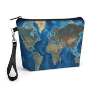 FodPand Small Makeup Bag with Handle - PU Leather World Map Cosmetic Bag for Purse Travel Makeup Organizer Toiletry Pouch Portable Zipper Make Up Pouch for Women 8.9x2.6x5.7 in