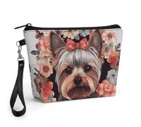 FodPand Small Makeup Bag with Handle - PU Leather Yorkie Floral Cosmetic Bag for Purse Travel Makeup Organizer Toiletry Pouch Portable Zipper Make Up Pouch for Women 8.9x2.6x5.7 in