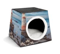 FODPAND Starfish Lighthouse Beach Cat Bed Cave for Small Dog Cat House 3-in-1 Foldable Cats Beds with Removable Washable Cushioned Pillow Covered Cave Pet Tents with Non-Slip Bottom