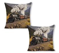 FodPand Steam Locomotive Train Throw Pillow Covers 18"x18"（2pcs） Decorative Linen Pillowcase with Hidden Zipper Double-Sided Boho Farmhouse Cushion Case for Sofa Bed Chair, Holiday Decor, Home Gift