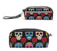 FodPand Sugar Skulls Pencil Pouch Mini Makeup Bag with Handle - 7.8x3.9x2.1 Inches Durable Waterproof PU Leather, Large Capacity Portable Pencil Case for Office, Travel