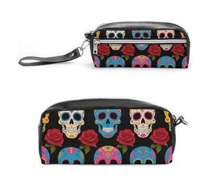 FodPand Sugar Skulls Pencil Pouch Mini Makeup Bag with Handle - 7.8x3.9x2.1 Inches Durable Waterproof PU Leather, Large Capacity Portable Pencil Case for Office, Travel