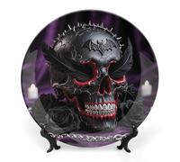 FodPand Sugar Skulls Print Bone China Decorative Plate with Display Stand Porcelain Wall Hanging Plate for Home Office Decor Elegant Round Ceramic Plates for Home Decor & Gift Idea 8inch