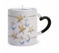 FodPand Summer Shell Color Changing Mug 11oz, Heat Sensitive Coffee Mug Reveals Pattern with Hot Liquid, Ceramic Novelty Coffee Cup with Heart Shaped Handle, Funny Gift
