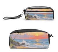 FodPand Sunset Beach Ocean Pencil Pouch Mini Makeup Bag with Handle - 7.8x3.9x2.1 Inches Durable Waterproof PU Leather, Large Capacity Portable Pencil Case for Office, Travel