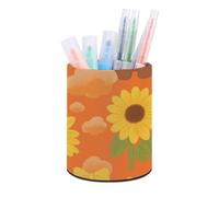 FodPand Sunset Bear Sunflower Pen Holder Round PU Leather Desk Organizer with Waterproof Design Makeup Brush Cup & Office Supply Storage for Home Office Dorm Desktop Organization