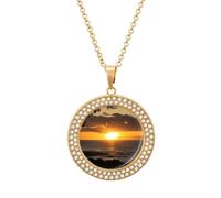 FodPand Sunset Hawaii Beach Necklaces for Women Round Pendant Necklace Charm Coin Pendant Elegant Circle Diamond Necklace Disc Necklace Disk Dainty Necklaces Fashion Jewelry, One Size, Metal, No