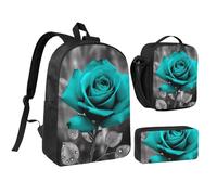 FodPand Teal Grey Rose Backpack Set 3 PCS - 17 Inch Laptop Backpack with Lunch Bag, Waterproof Daypack Insulated Lunch Box Large Capacity Coin Pouch Personalized Gift