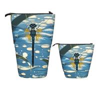 FodPand Telescopic Pencil Bag Pen Holder Pop Up Pencil Case,Standing Makeup Bag Big Capacity Stand Up Cosmetics Bag Blue Dragonfly Retractable Transformer Bag for Office Supplies