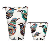 FodPand Telescopic Pencil Bag Pen Holder Pop Up Pencil Case,Standing Makeup Bag Big Capacity Stand Up Cosmetics Bag Ethnic Style Birds Retractable Transformer Bag for Office Supplies