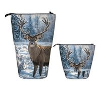 FodPand Telescopic Pencil Bag Pen Holder Pop Up Pencil Case,Standing Makeup Bag Big Capacity Stand Up Cosmetics Bag Deer on frozen wilderness Retractable Transformer Bag for Office Supplies