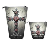 FodPand Telescopic Pencil Bag Pen Holder Pop Up Pencil Case,Standing Makeup Bag Big Capacity Stand Up Cosmetics Bag Gothic Christian Cross Pattern Retractable Transformer Bag for Office Supplies