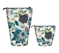 FodPand Telescopic Pencil Bag Pen Holder Pop Up Pencil Case,Standing Makeup Bag Big Capacity Stand Up Cosmetics Bag Teal Grey And White Floral Retractable Transformer Bag for Office Supplies