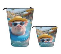 FodPand Telescopic Pencil Bag Pen Holder Pop Up Pencil Case,Standing Makeup Bag Big Capacity Stand Up Cosmetics Bag Cute Pig Swimming Retractable Transformer Bag for Office Supplies
