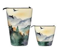 FodPand Telescopic Pencil Bag Pen Holder Pop Up Pencil Case,Standing Makeup Bag Big Capacity Stand Up Cosmetics Bag Mountain birds watercolor Retractable Transformer Bag for Office Supplies