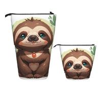 FodPand Telescopic Pencil Bag Pen Holder Pop Up Pencil Case,Standing Makeup Bag Big Capacity Stand Up Cosmetics Bag Cute Hedgehog Retractable Transformer Bag for Office Supplies, Cute Cartoon Sloth